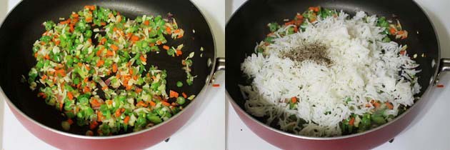 Collage of 2 images showing adding rice and salt, pepper.