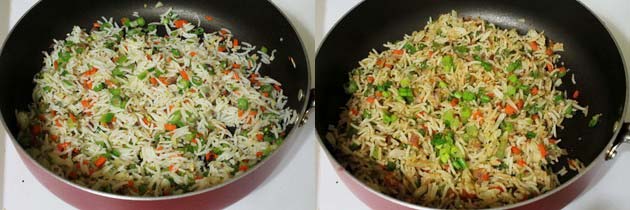 Collage of 2 images showing mixed rice and adding, mixing soy sauce.