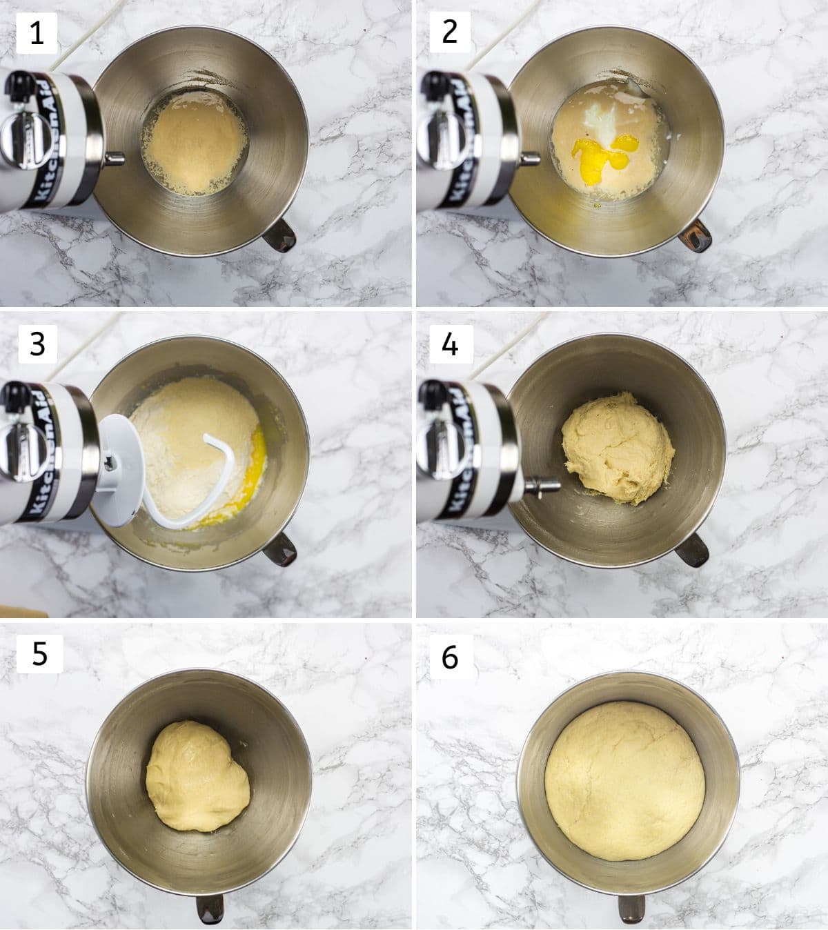 Collage of 6 images showing kneading bhatura dough in stand mixer and proofed dough.