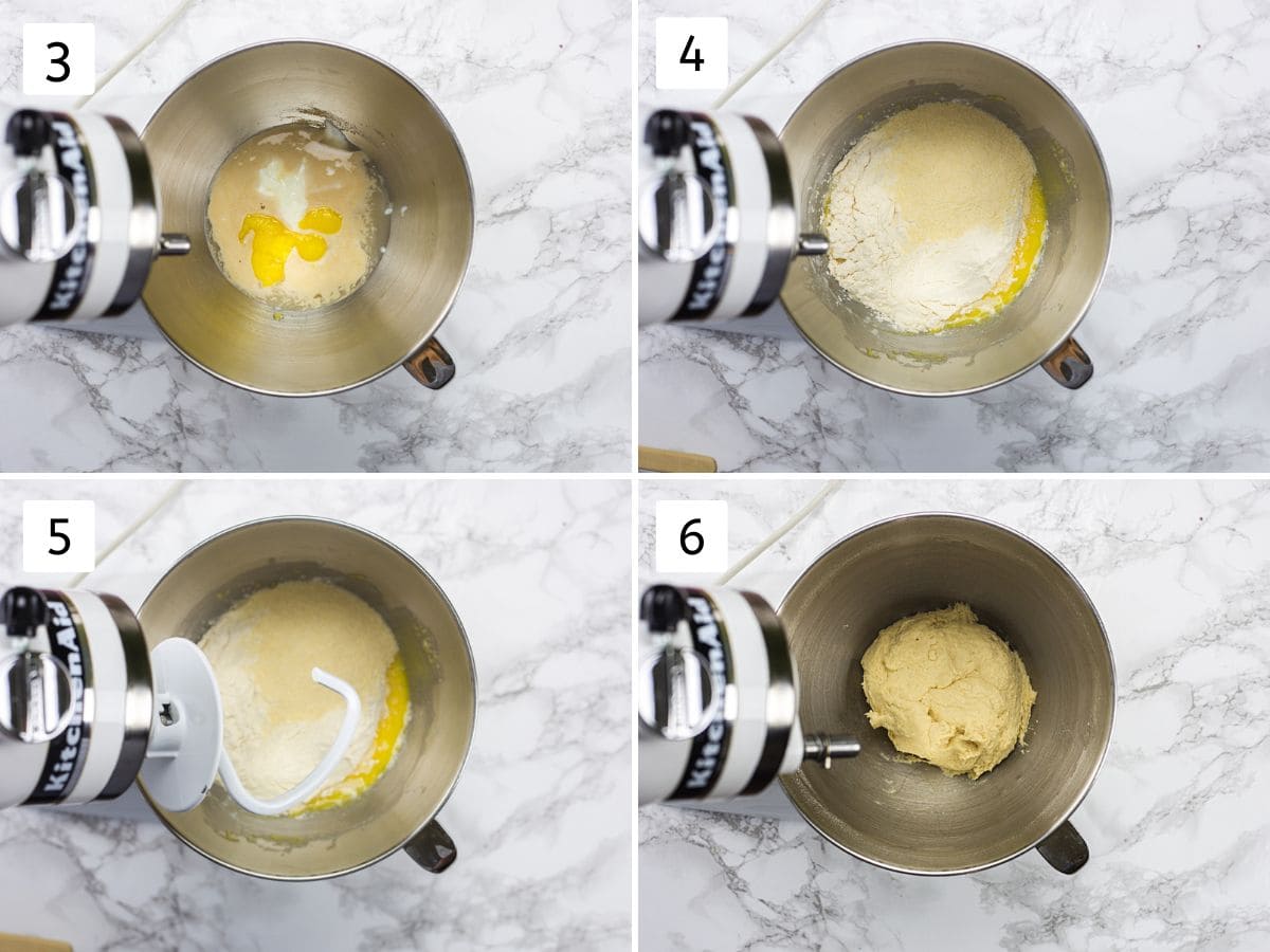 Collage of 4 images showing kneaing bhatura dough in stand mixer.