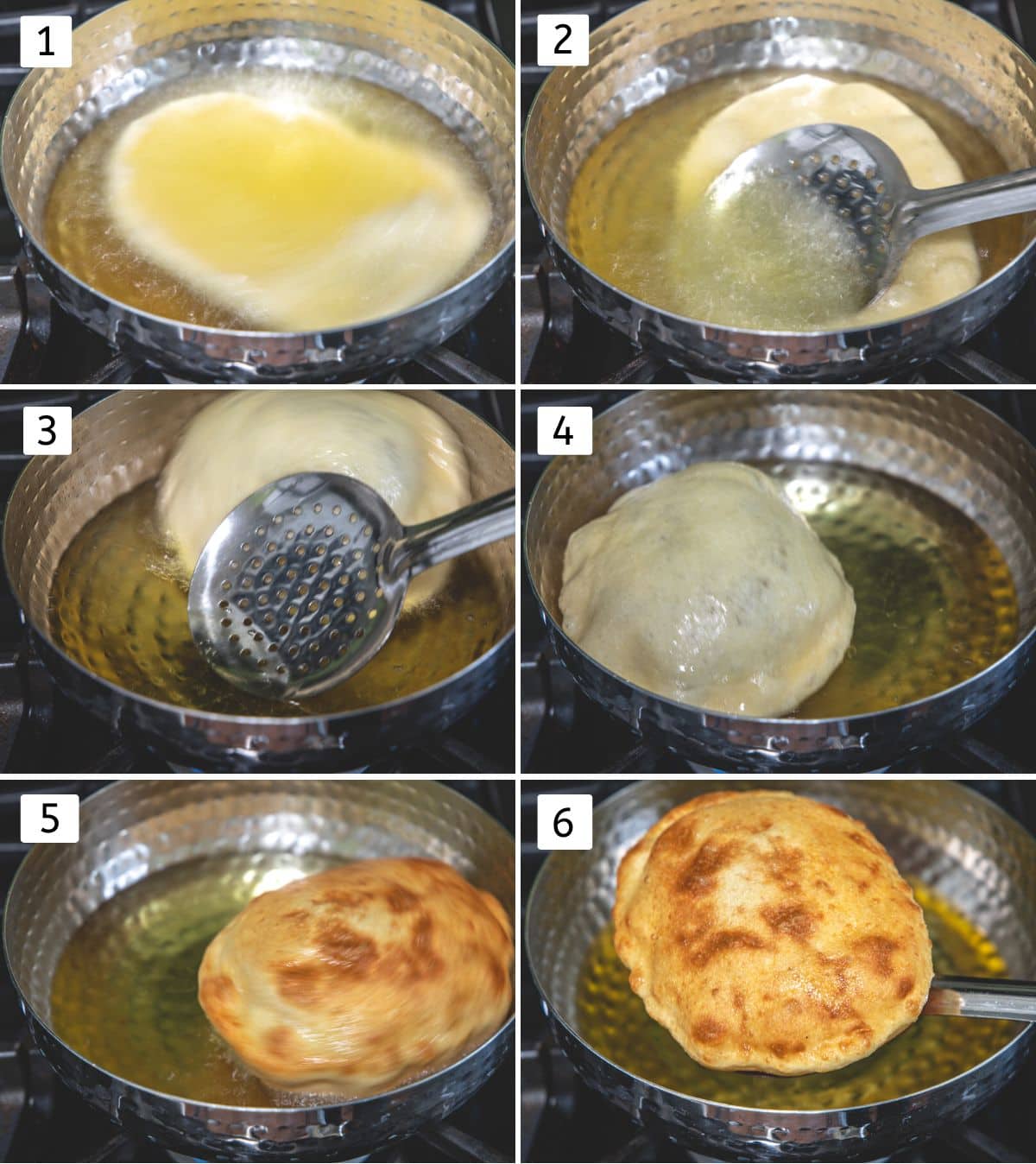 Collage of 6 images showing frying bhatura in oil untill golden brown.