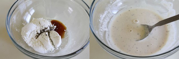 Collage of 2 images showing flour, salt, pepper and soy sauce in a bowl and batter is made.