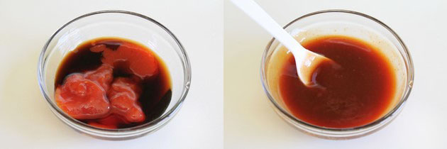Collage of 2 images showing sauces in a bowl and mixed using a spoon.