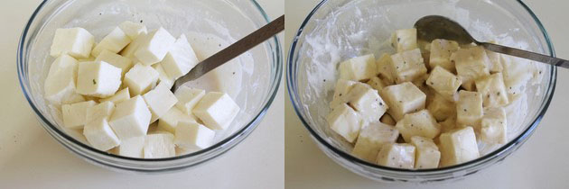 Collage of 2 images showing adding paneer to the batter and mixing.