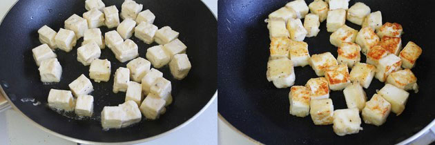 Collage of 2 images showing shallow frying batter coated paneer.