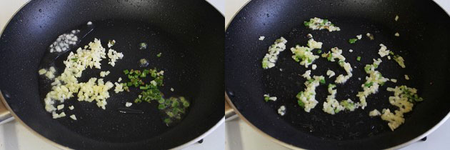 Collage of 2 images showing sauteing ginger, garlic, green chili.