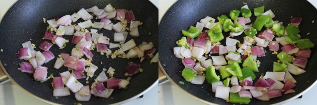 Collage of 2 images showing cooking onion and adding peppers.