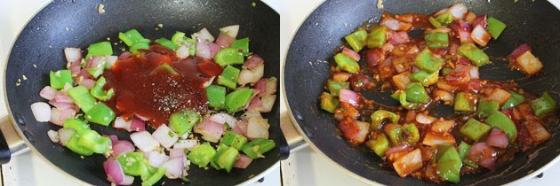 Collage of 2 images showing adding sauces and mixed.