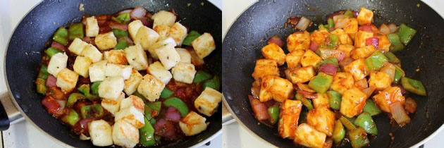 Collage of 2 images showing adding paneer and mixed.