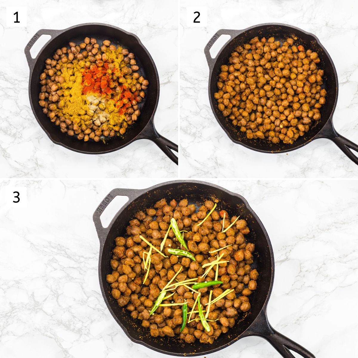 Collage of 3 images showing adding spices to chickpeas and adding ginger, chilies.