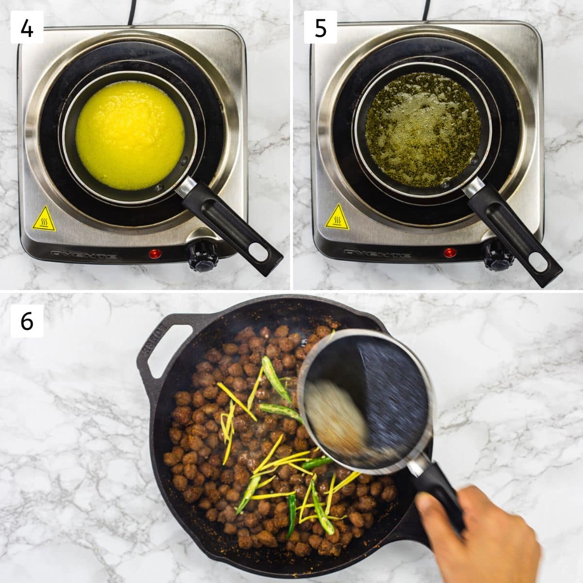 Collage of 3 images showing heating ghee and adding to chickpeas.