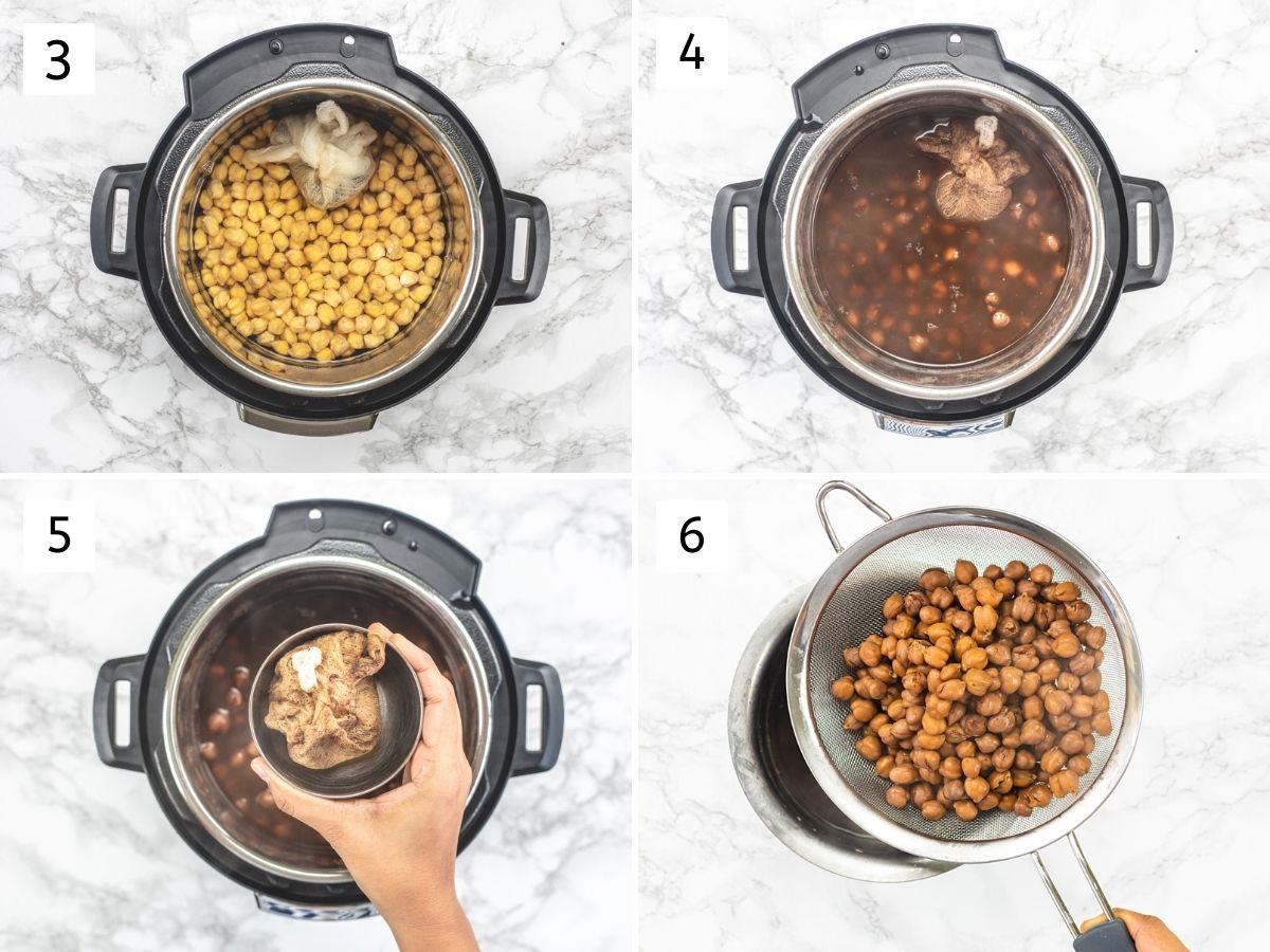 Collage of 4 images showing boiling chickpeas with prepared spices, tea potli.