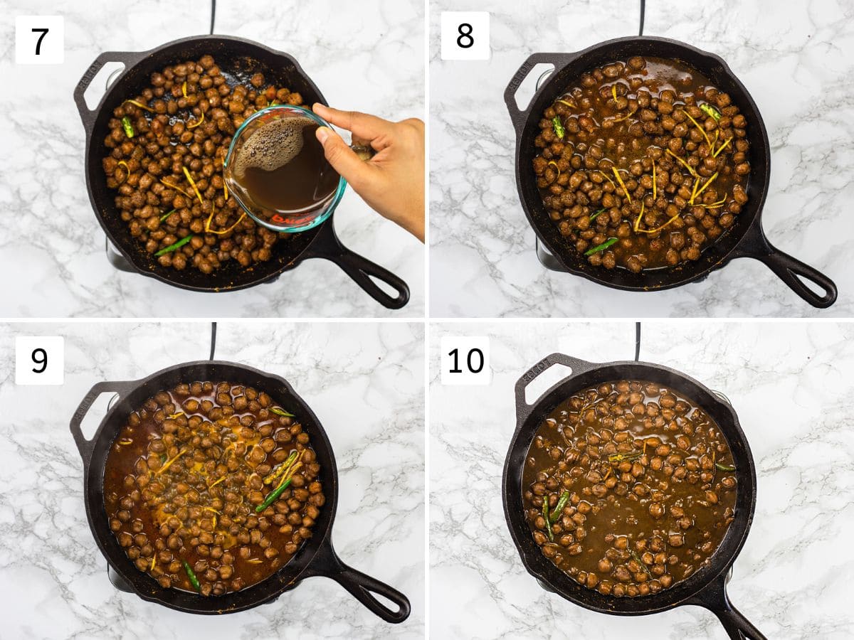 Collage of 4 images showing adding boiled water and simmering chole.