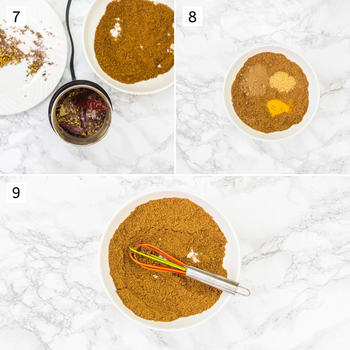 Collage of 3 images showing grinding spices and mixing rest spice powders.