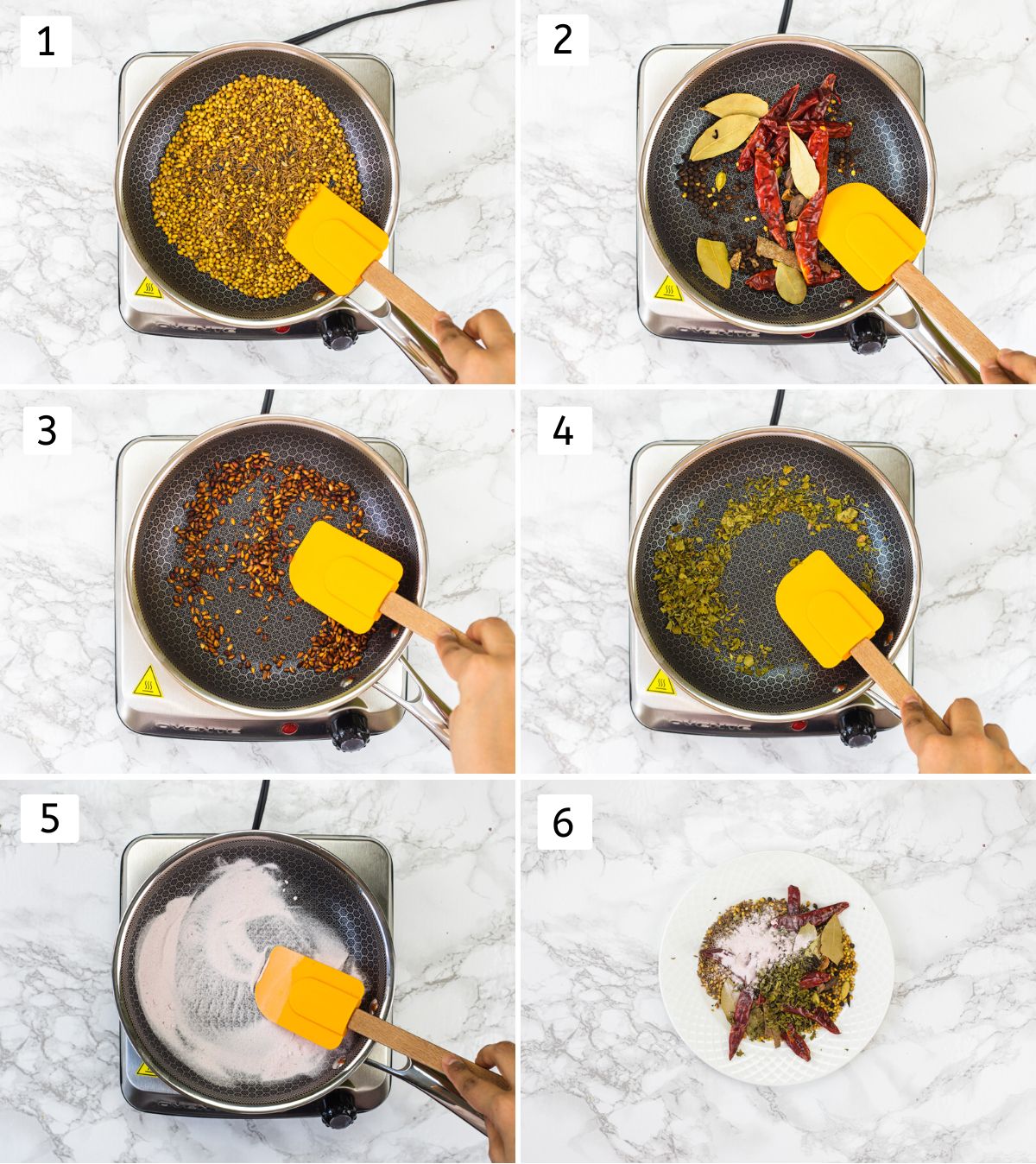 Collage of 6 images showing dry roasting spices and removed to a plate.