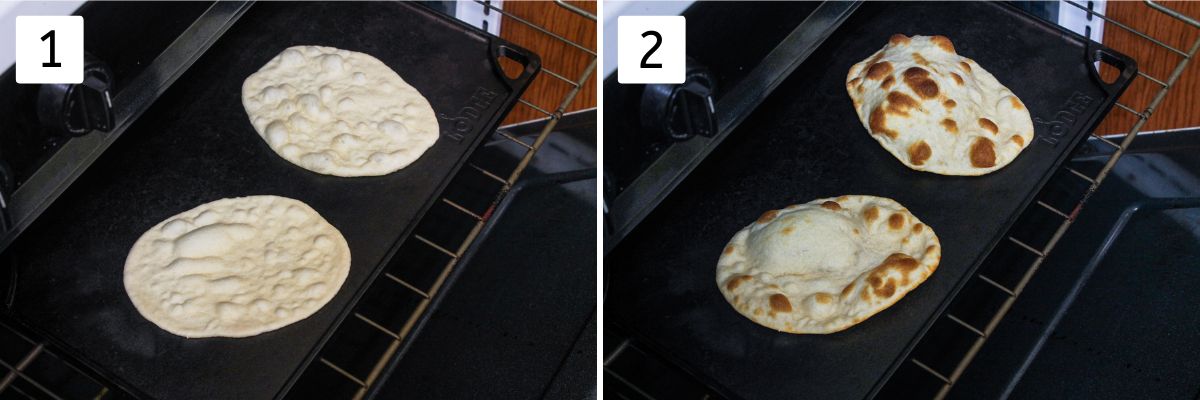 Collage of 2 images showing cooking naan on cast iorn skillet in oven.