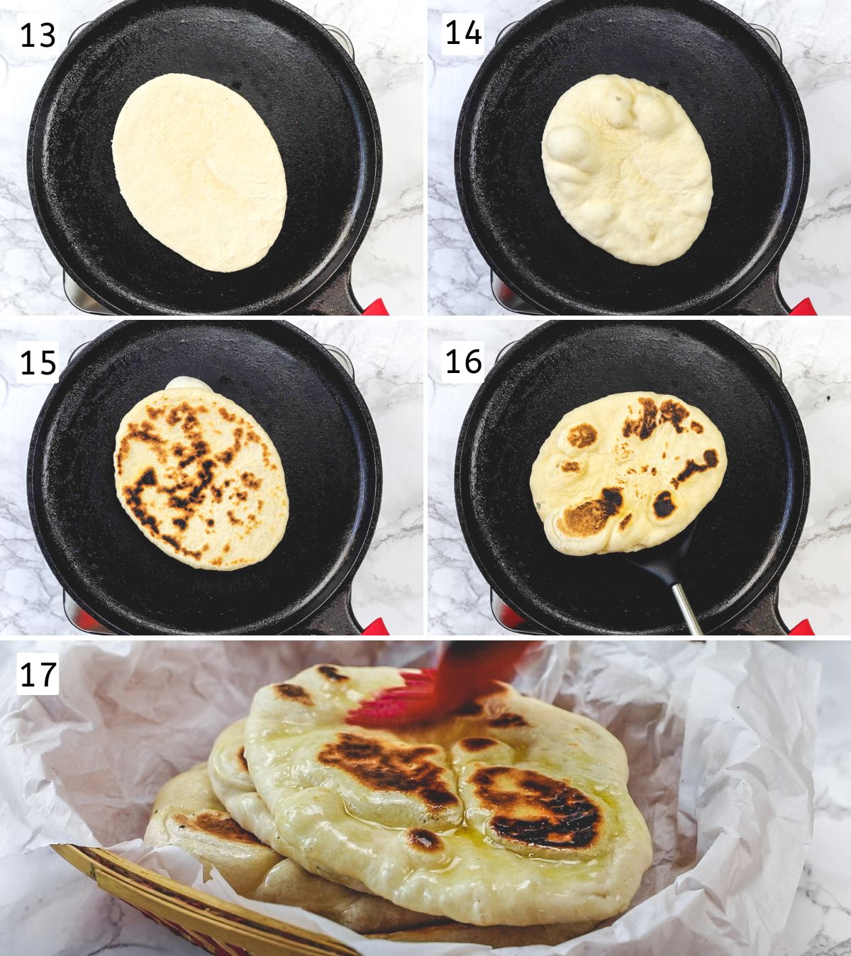 Collage of 6 images showing cooking naan on stove top and applying butter.