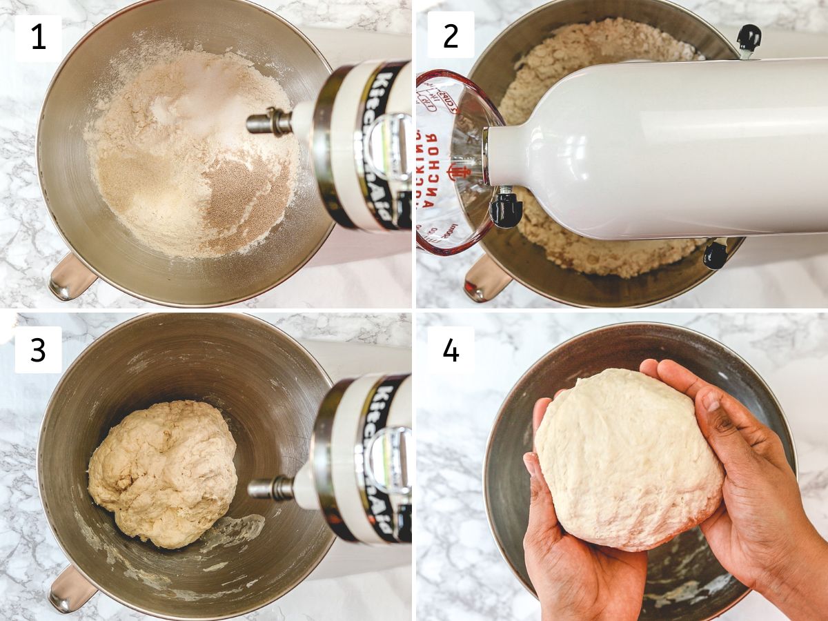 Collage of 4 images showing kneading naan bread dough in a stand mixer.