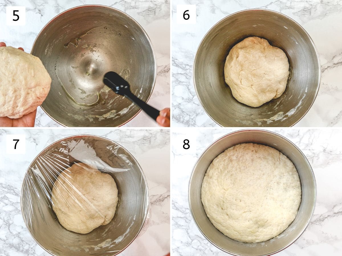 Collage of 4 images showing Greasing bowl and dough and proofing the dough.