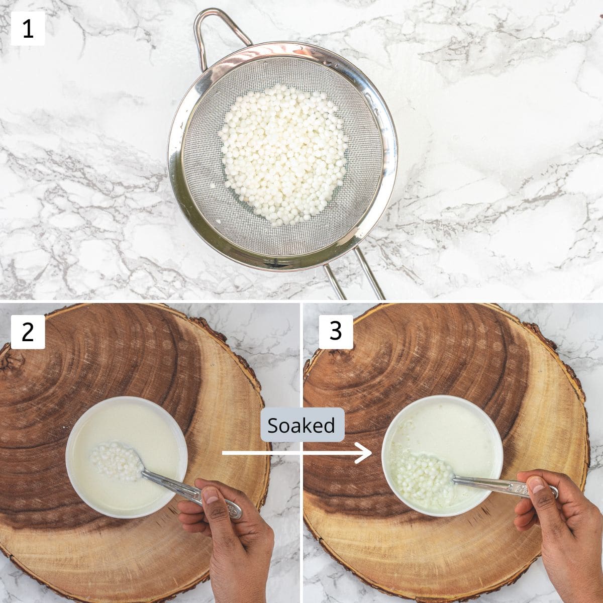 Collage of 3 images showing rinsing and soaking sabundana.