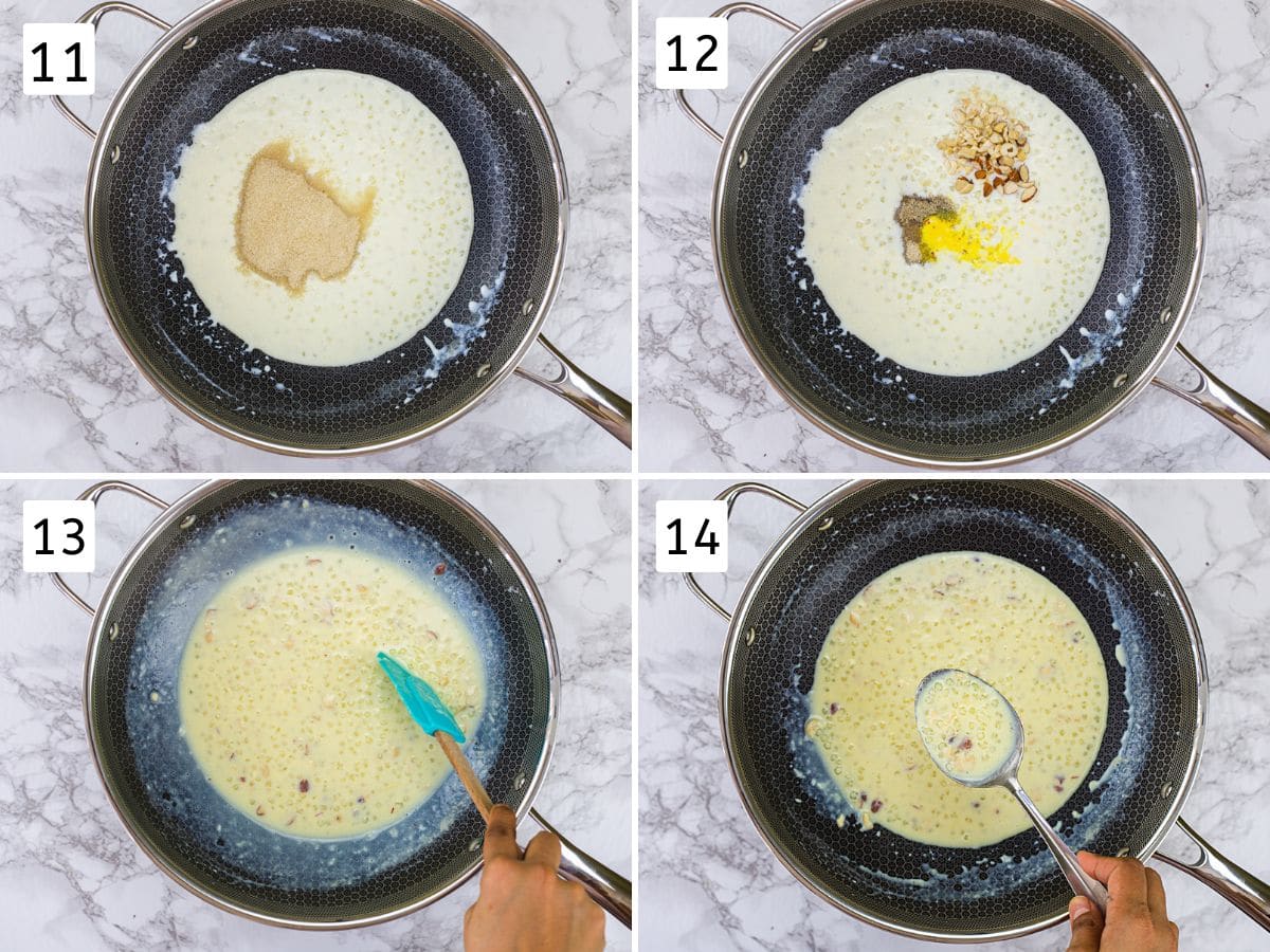 Collage of 4 images showing adding sugar, cardamom, saffron and nuts and cooking until ready.