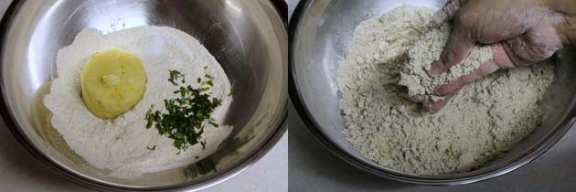 Collage of 2 images showing singhara atta, boiled potato and cilantro in a bowl and mixing with hands.