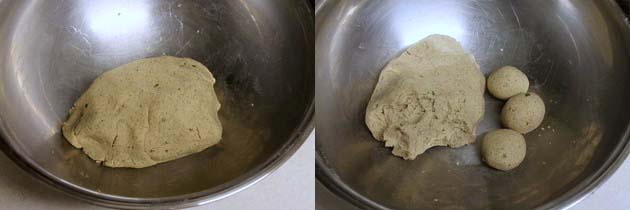 Collage of 2 images showing dough and making balls.