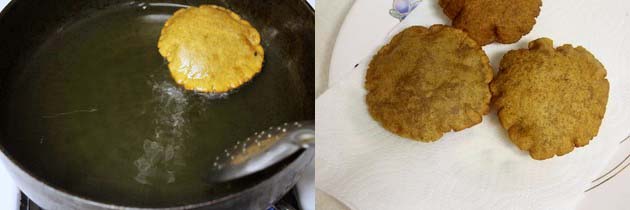 Collage of 2 images showing fried puri and removed to a plate.