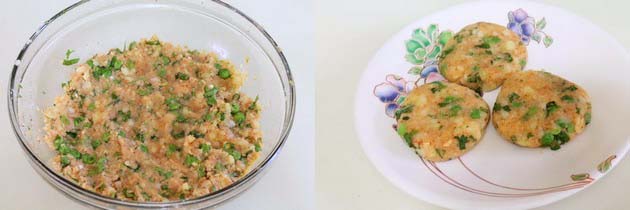 Collage of 2 images showing aloo tikki mixture and shaped aloo tikki.