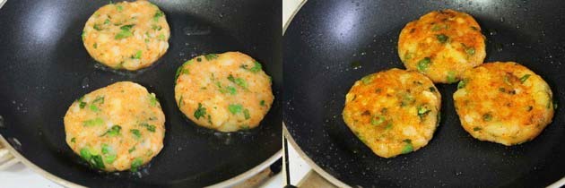 Collage of 2 images showing shallow frying aloo tikki.