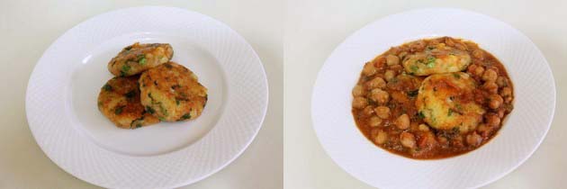 Collage of 2 images showing 3 tikki in a plate and adding chole.