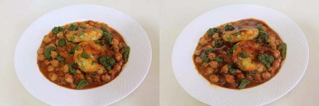 Collage of 2 images showing topped with green chutney and tamarind date chutney