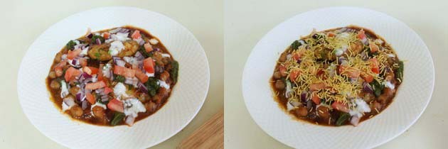 Collage of 2 images showing adding tomato and sev.