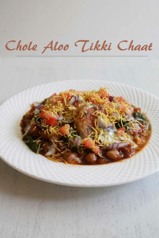 Chole tikki chaat in a plate.