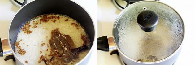 Jeera rice is cooking on low flame