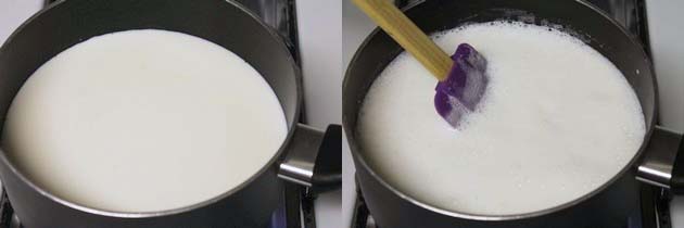 Collage of 2 images showing milk in a saucepan and simmering milk stirring with spatula.