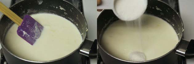Collage of 2 images showing milk reduced and adding sugar.