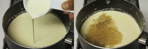 Collage of 2 images showing adding cream and cardamom powder.