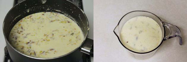 Collage of 2 images showing kulfi mixture in a pan and in a cup.