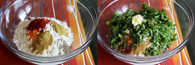Collage of 2 images showing flour and spices in a bowl and adding methi and ginger.