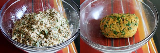 Collage of 2 images showing mixed methi into flour and ready dough.