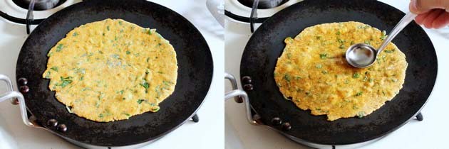 Collage of 2 images showing cooking thepla in a pan and applying oil.