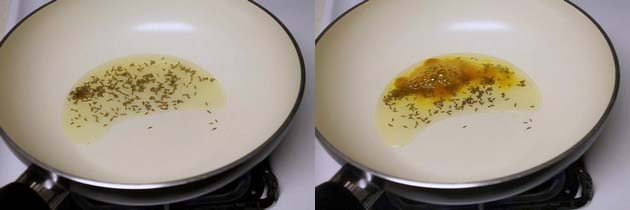 Collage of 2 images showing tempering of cumin seeds and adding turmeric.