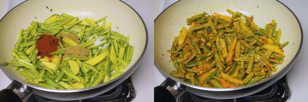 Collage of 2 images showing adding and mixing spices.