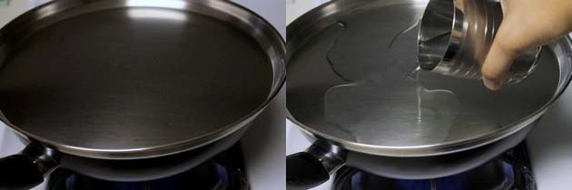 Collage of 2 images showing covering the pan with lid and adding water in the lid.