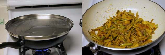 Collage of 2 images showing cooking sabzi covered and ready tindora sabzi.