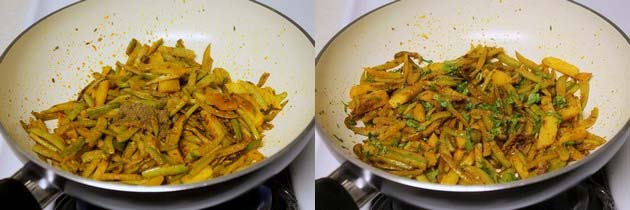 Collage of 2 images showing adding garam masala and cilantro.