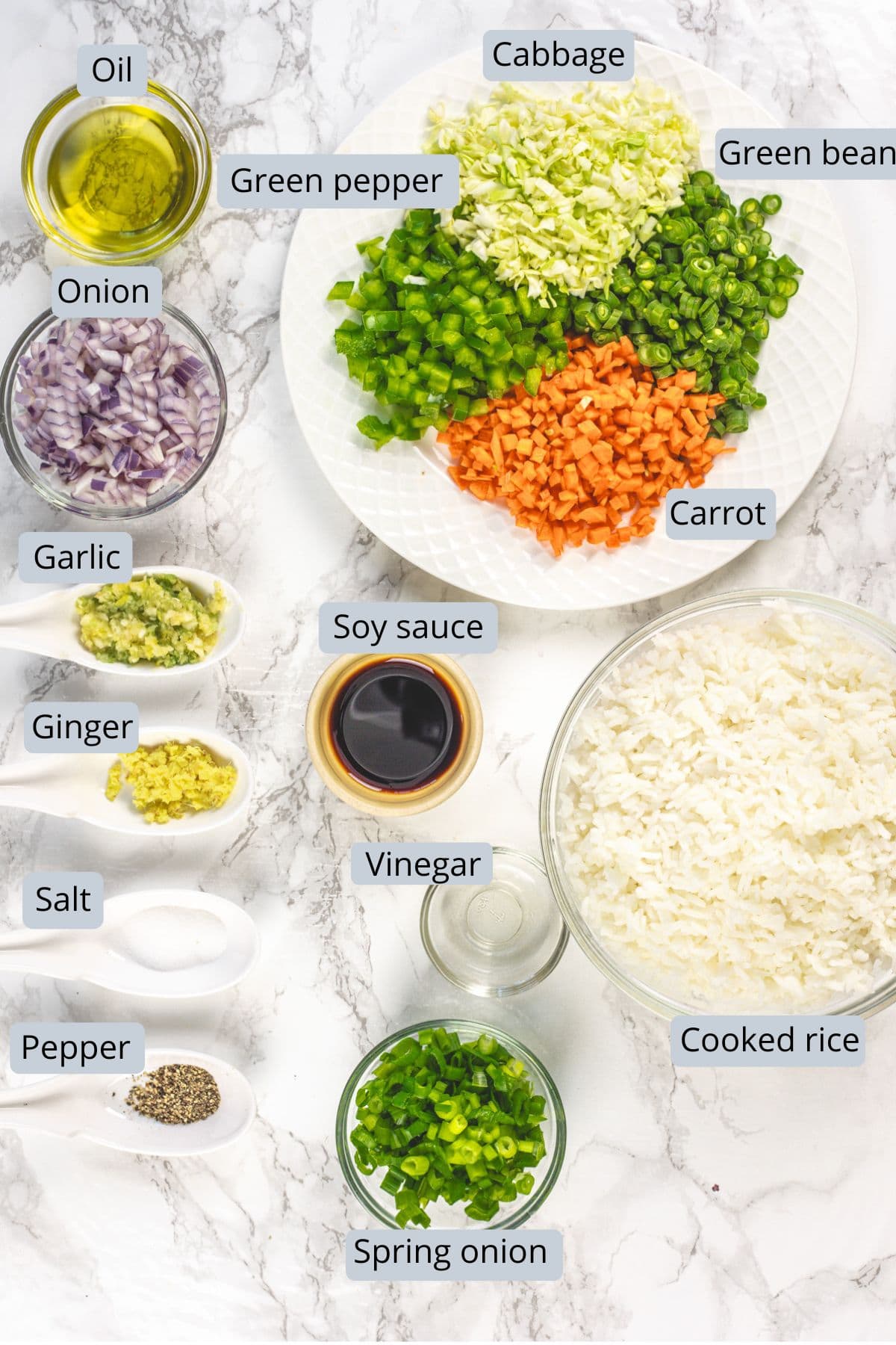 Veg fried rice recipe ingredients in bowls and spoons with labels.