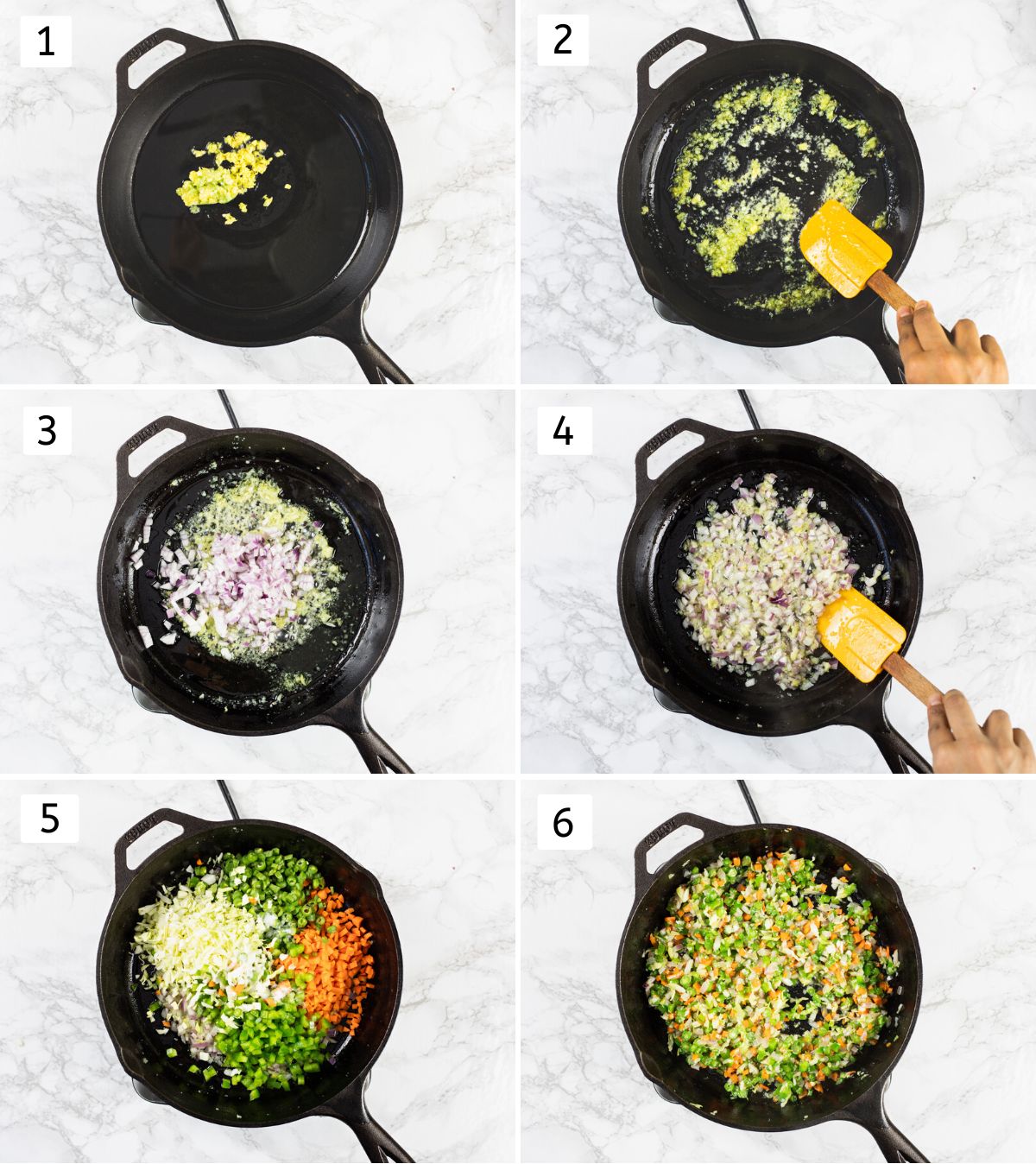 Collage of 6 image showing sauteing ginger, garlic and stir frying veggies.