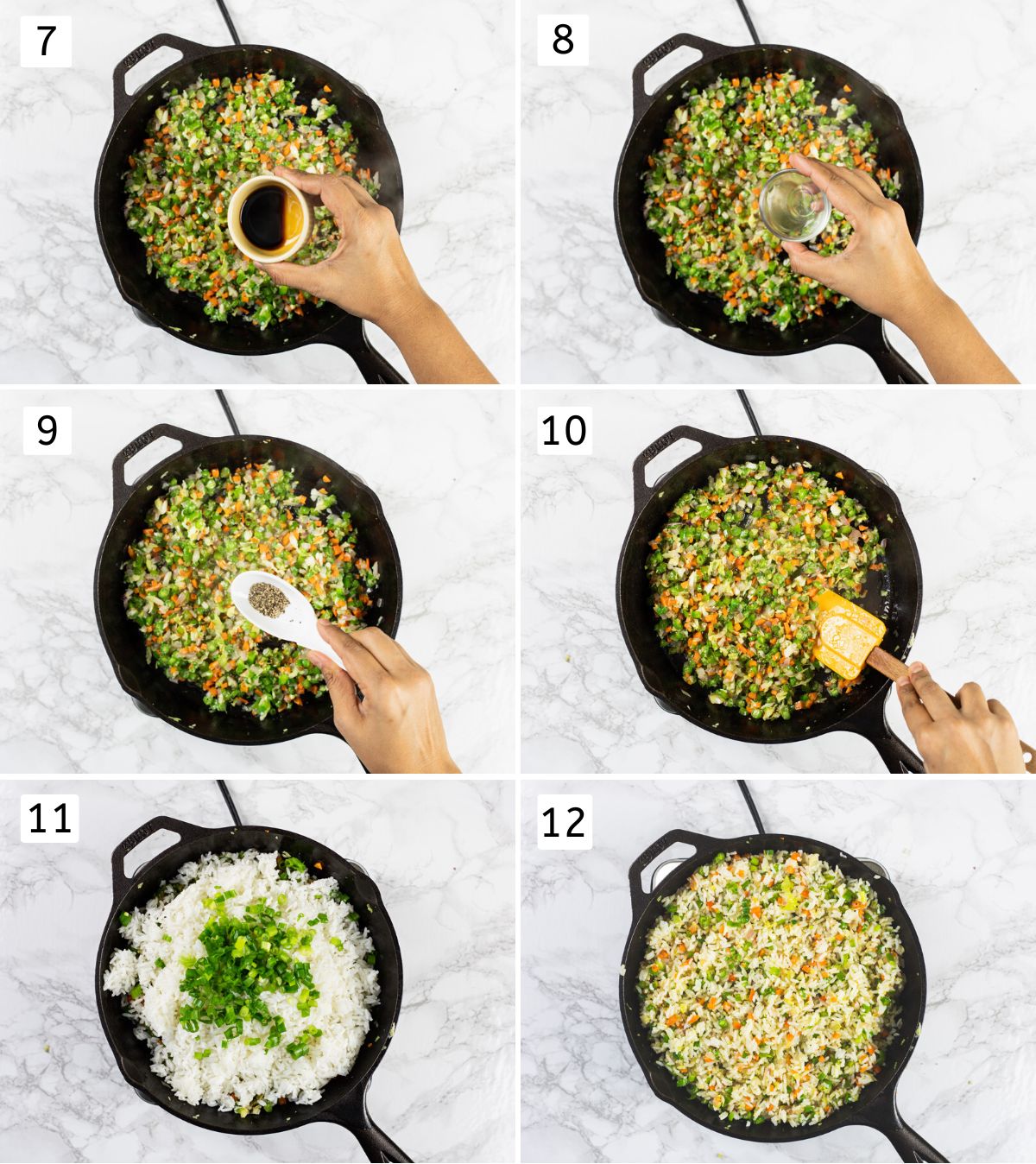 Collage of 6 image showing adding sauce, vinegar, pepper and tossing rice and spring onions.